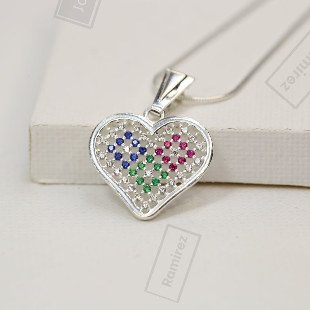 925 Sterling Silver Multicolor Heart Pendant with Chain • 18" Snake Necklace.